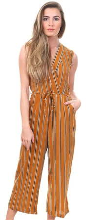 Ax Paris Mustard Stripe Culotte Jumpsuit With V Neck