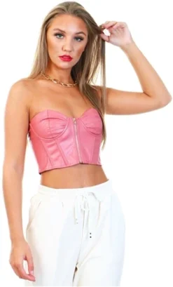 Saint Genies Terracotta Faux Leather Zip Front Corset Top