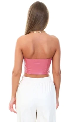 Saint Genies Terracotta Faux Leather Zip Front Corset Top -Cheap Drape Dresses Store 19758 3