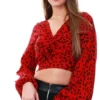 Ax Paris Red Animal Printed Front Knot Crop Top