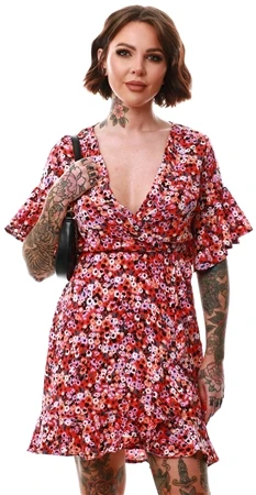 Ax Paris Red Floral Wrap Frill Dress