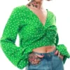 Ax Paris Green Front Knot Crop Polka Top