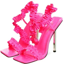 Public Desire Pink Scrunchie Ruffle Strap Square Toe Heel