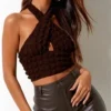 Motel Brown Silta Crop Top In Bubble Jersey
