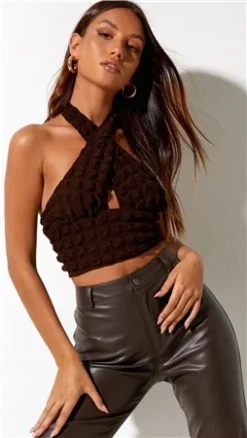 Motel Brown Silta Crop Top In Bubble Jersey