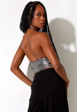 Motel Silver Metalic Dapa Crop Top -Cheap Drape Dresses Store 23441 3