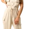 Brave Soul Beige Button Through Tie Waist Pocket Detail Jumpsuit