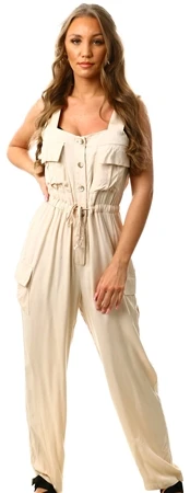 Brave Soul Beige Button Through Tie Waist Pocket Detail Jumpsuit