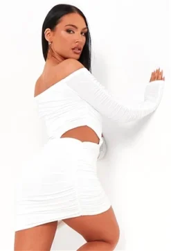 Missy Empire Ivory Viola Bardot Wrap Ruched Mini Dress -Cheap Drape Dresses Store 25059 3