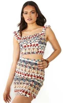 Glamorous Brown Multi Tribal Frill Crop Top