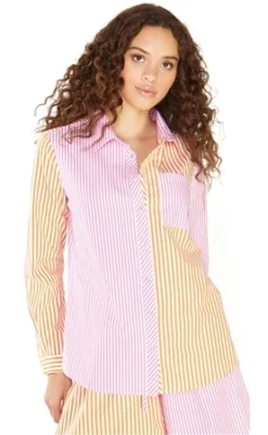 Glamorous Orange Pink Stripe Loose Oversized Shirt -Cheap Drape Dresses Store 25198 2