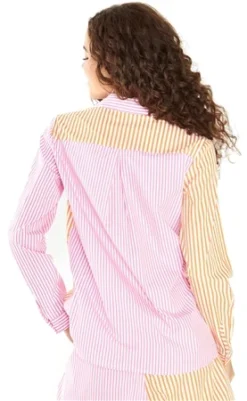 Glamorous Orange Pink Stripe Loose Oversized Shirt -Cheap Drape Dresses Store 25198 3