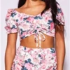 Parisian White Floral Ruched Front Puff Sleeve Crop Top