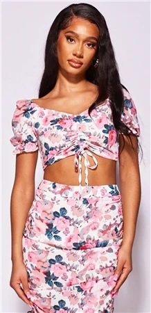 Parisian White Floral Ruched Front Puff Sleeve Crop Top