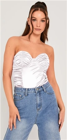 Saint Genies White Janine Stretch Satin Underwired Ruched Detail Body