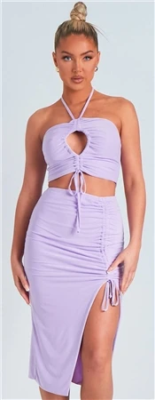 Missy Empire Lilac Paola Ruched Side Split Midi Skirt