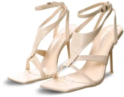 Public Desire Ecru Croc Harness Strappy Square Toe Stiletto Heels