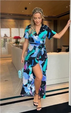 Girl In Mind Turquoise Floral Farrah Split Hem Frill Detail Maxi Dress -Cheap Drape Dresses Store 25955 2