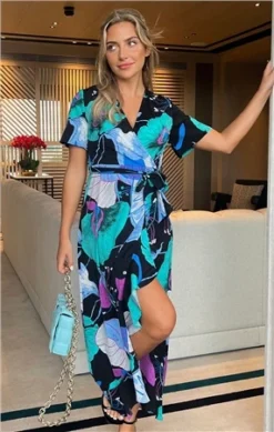 Girl In Mind Turquoise Floral Farrah Split Hem Frill Detail Maxi Dress