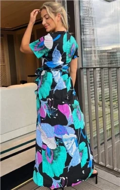 Girl In Mind Turquoise Floral Farrah Split Hem Frill Detail Maxi Dress -Cheap Drape Dresses Store 25955 3