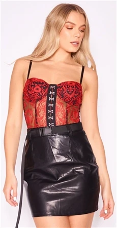 Saint Genies Red Sabine Embroidered Mesh Underwired Bodysuit