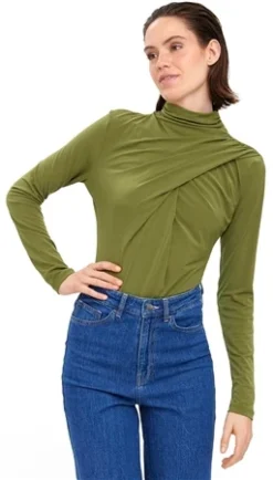 Veromoda Green / Olive Branch Anna Draped Highneck Bodysuit