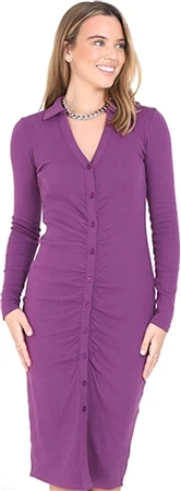 Brave Soul Purple V Neck Ruched Ribbed Long Sleeve Dress