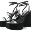 Public Desire Black Pu Square Toe Strappy Platform Flared Heels