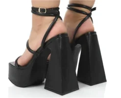 Public Desire Black Pu Square Toe Strappy Platform Flared Heels -Cheap Drape Dresses Store 26340 2