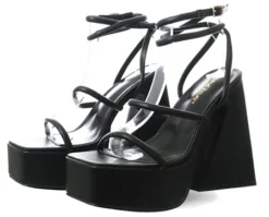 Public Desire Black Pu Square Toe Strappy Platform Flared Heels