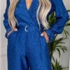 Ax Paris Blue And Black Printed Wrap Over Belted Jumpsuit