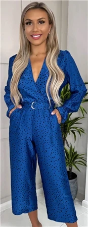 Ax Paris Blue And Black Printed Wrap Over Belted Jumpsuit