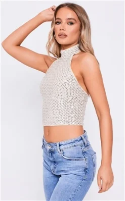 Saint Genies Nude Halterneck Sequins Top -Cheap Drape Dresses Store 27023 2