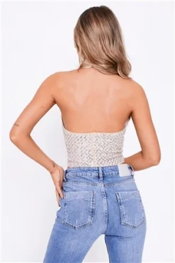 Saint Genies Nude Halterneck Sequins Top -Cheap Drape Dresses Store 27023 3