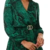 Ax Paris Green Printed Wrap Over Belted Long Sleeve Skater Dress