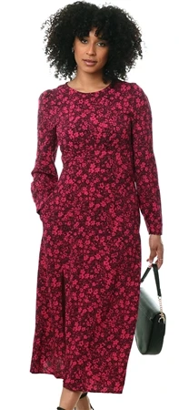 Girl In Mind Black/Pink Ditsy Floral Ashanti Long Sleeve Split Midi Dress