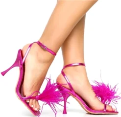 Public Desire Prancy Hot Metallic Pu Feather Detail Square Toe Heels -Cheap Drape Dresses Store 27342 2