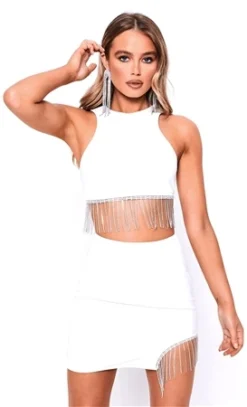 Saint Genies White Diamante Fringe Asymmetric Mini Skirt