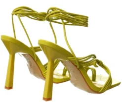 No Doubt Lime Pu Square Toe Strappy Lace Up Heels -Cheap Drape Dresses Store 27600 3