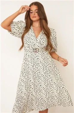 Girl In Mind Cream Nadine Dalmatian Print Buckle Midi Dress