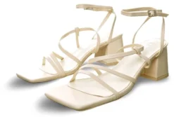 Public Desire Ecru Square Toe Lace Up Block Mid Heeled Sandals