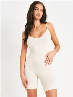 Missy Empire Stone Ribbed Seamless Strappy Unitard