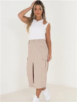 Brave Soul Stone Cargo Style Front Slit Midi Denim Skirt -Cheap Drape Dresses Store 28031 2