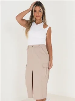 Brave Soul Stone Cargo Style Front Slit Midi Denim Skirt