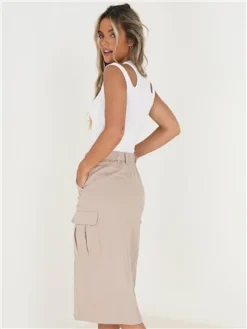 Brave Soul Stone Cargo Style Front Slit Midi Denim Skirt -Cheap Drape Dresses Store 28031 3