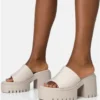 Public Desire Ecru Sabeena Chunky Mule Round Toe Mid Heel Sandals