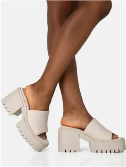 Public Desire Ecru Sabeena Chunky Mule Round Toe Mid Heel Sandals -Cheap Drape Dresses Store 28045 2