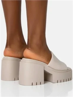 Public Desire Ecru Sabeena Chunky Mule Round Toe Mid Heel Sandals -Cheap Drape Dresses Store 28045 3