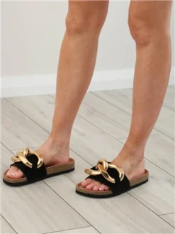 Westland Black Slip On Gold Buckle Sandal -Cheap Drape Dresses Store 28067 3