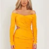 Missy Empire Orange Viola Bardot Wrap Ruched Mini Dress